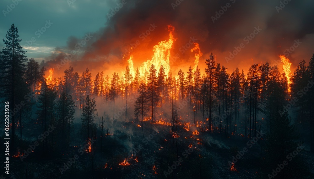 Forest Fire Engulfed in Flames and Smoke