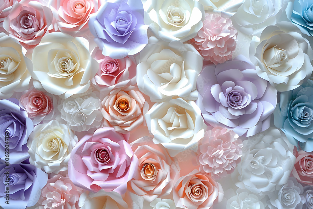 A wall of paper roses in pastel colors, with pink, white, and blue roses, creating a floral backdrop for wedding photography.