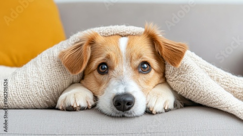 Dog and Blanket: A dog chewing on a blanket draped over a sofa.