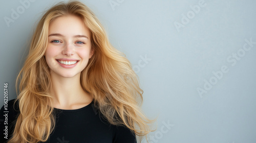 Smiling young woman with blonde long groomed hair isolated on pastel flat background with copy space