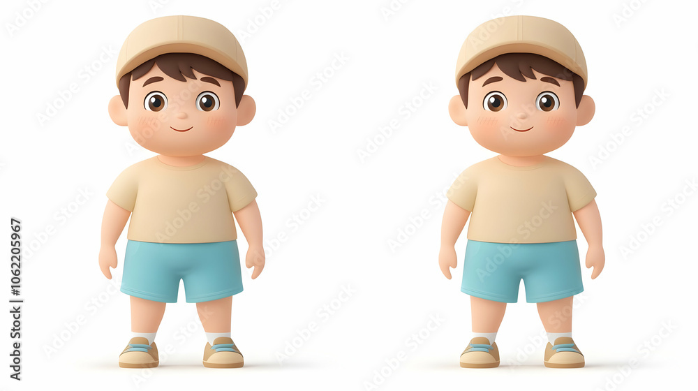 Two cartoon boys, wearing light beige caps and light blue shorts, standing side-by-side. Two cartoon boys, wearing light beige caps and light blue shorts, standing side-by-side.