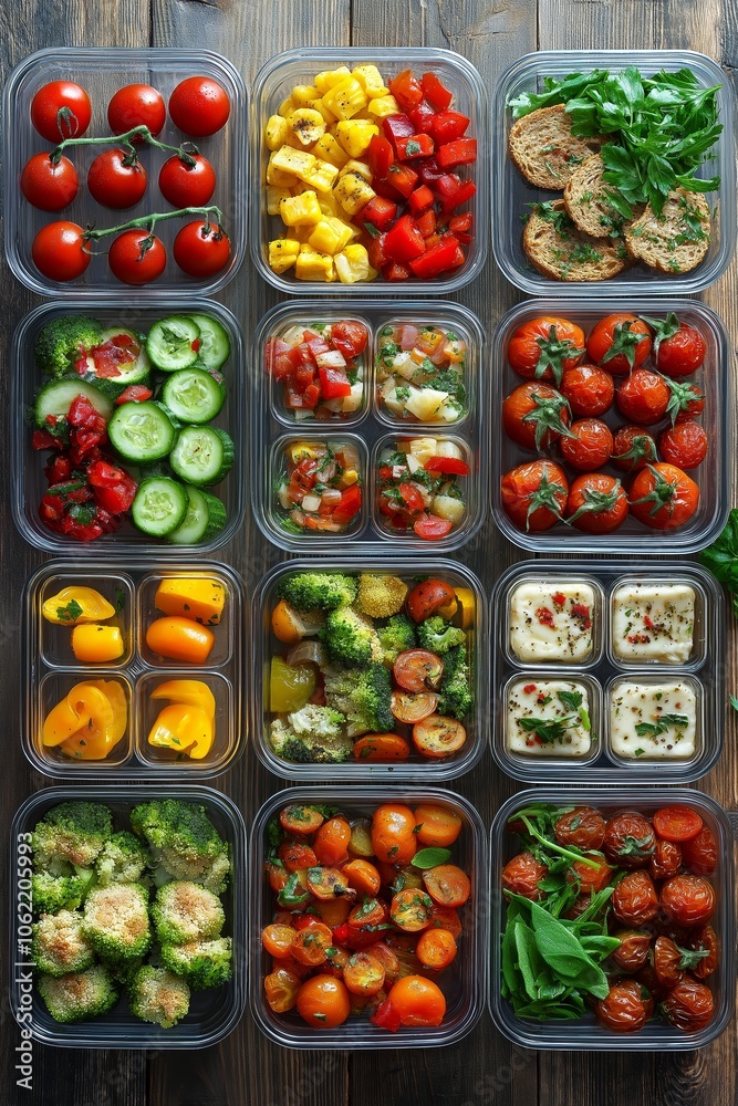 Top view of beautifully arranged vegan meal prep containers featuring a variety of colorful plant-based dishes on a wooden table