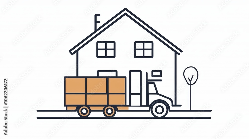 Outline illustration of a house with a moving truck parked beside it, loaded with boxes Outline illustration of a house with a moving truck parked beside it, loaded with boxes