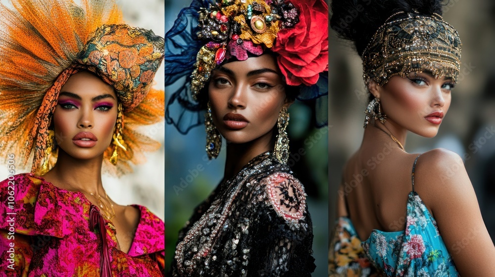 Three Stunning Women with Elaborate Headwear