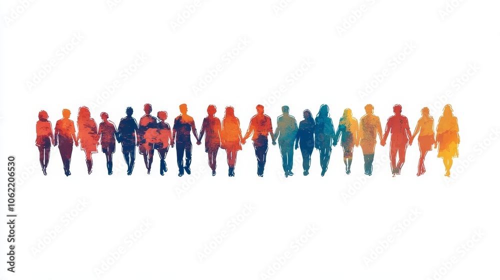 A minimalistic illustration of a diverse group of people walking together, depicted in vibrant colors against a white background A minimalistic illustration of a diverse group of people walking together, depicted in vibrant colors against a white background
