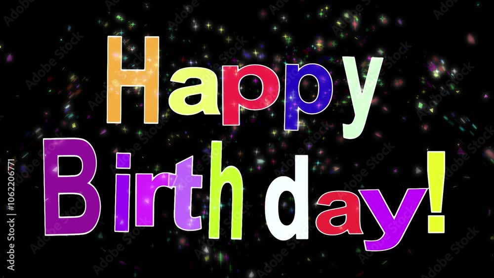 Happy Birthday Confetti Glitter Confetti Party 4K Loop features the words happy birthday animating on in multiple colors with confetti spraying in back and front in a loop.