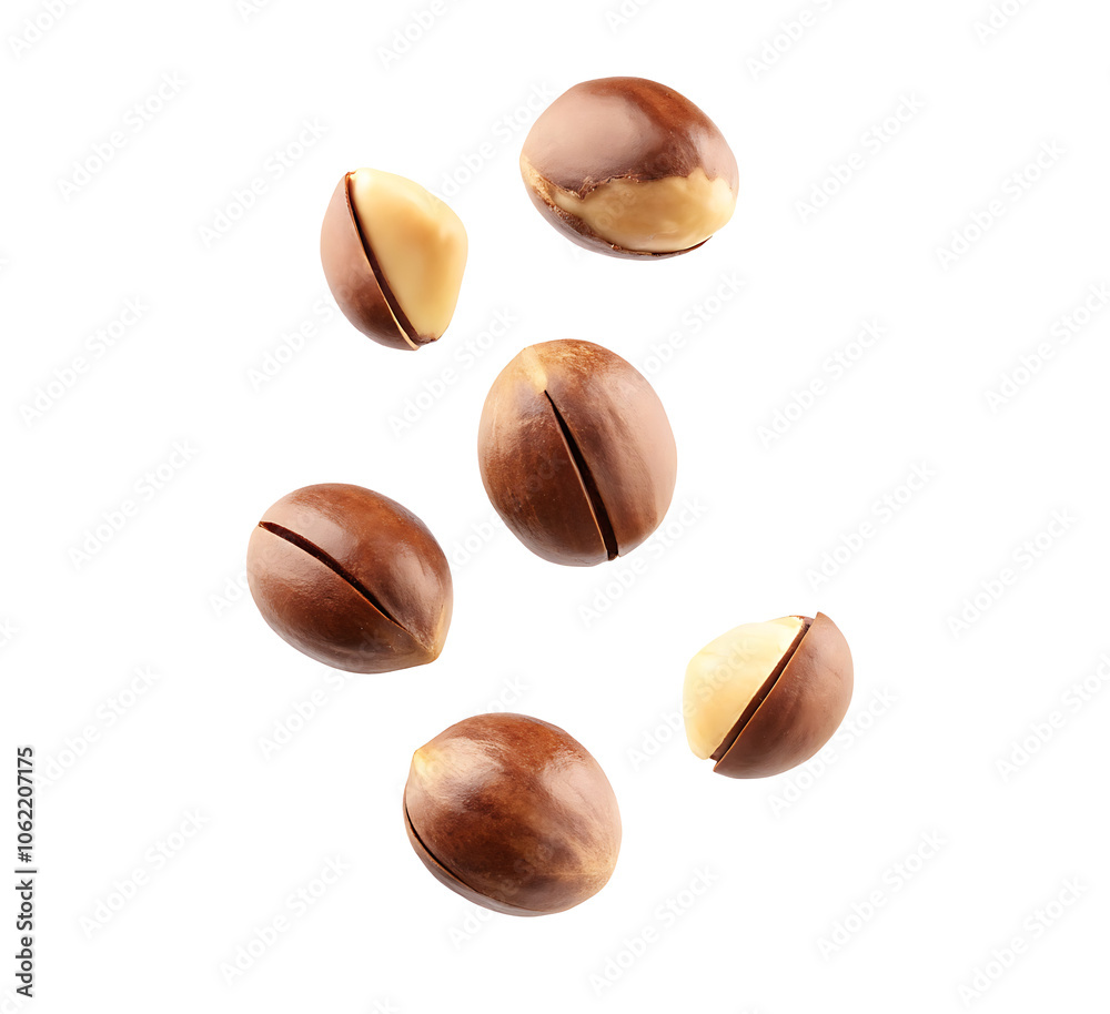 Falling Macadamia Nuts isolate on white background.AI GENERATED Falling Macadamia Nuts isolate on white background.AI GENERATED