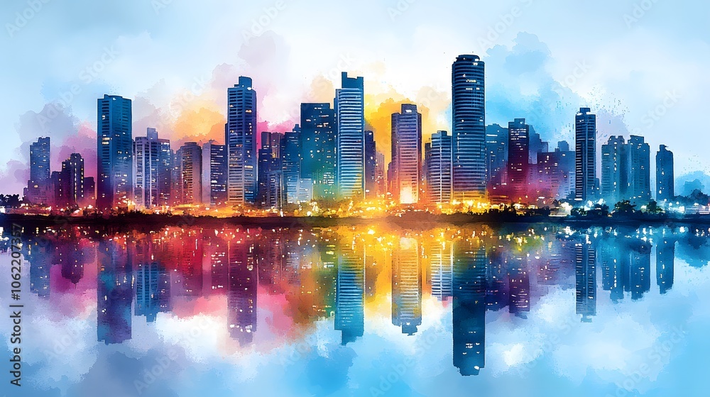 Fototapeta premium Abstract watercolor for Colombia National Day blending flag colors with skyline silhouettes and lush greenery representing national pride