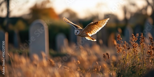 A barn owl flying through an old UK cemetery at twilight, wings extended, with gravestones blurred in the background