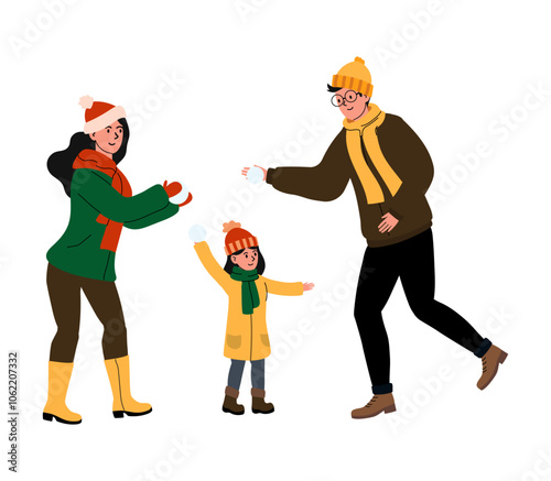 Family enjoying a winter day playing snowball fight in a snowy park setting