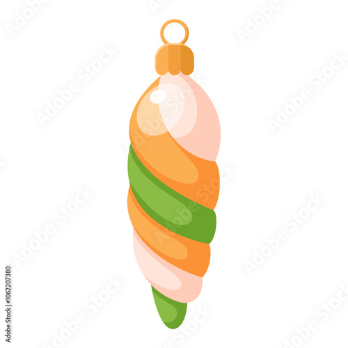 Colorful Christmas tree decoration in shape of icicle. Old-fashioned vintage seasonal glass toy suspended on laces for Xmas fir plant to traditional winter holidays. Cartoon vector illustration.