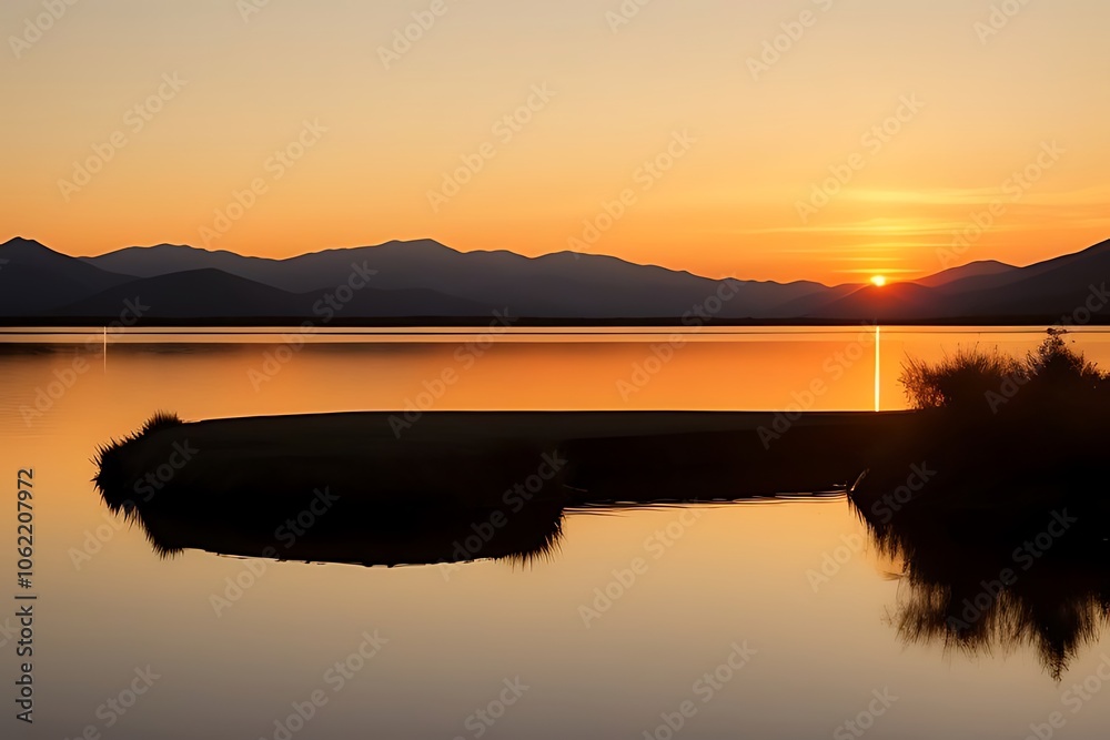 Fototapeta premium Golden Sunset Reflection on Calm Lake