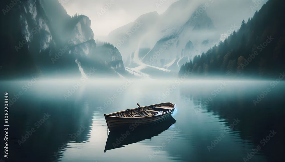 A lone wooden boat rests on a glassy lake, with mist-covered mountains in the distance and a perfect reflection on the water A lone wooden boat rests on a glassy lake, with mist-covered mountains in the distance and a perfect reflection on the water