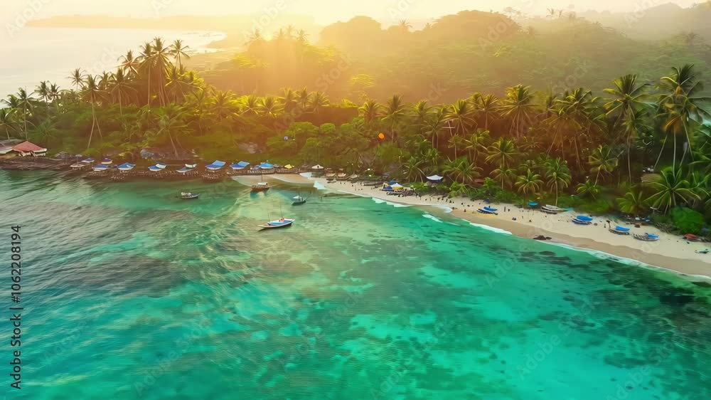 Pristine Tropical Coastline at Sunrise with Crystal Clear Waters and Lush Palm Trees. Concept of Exotic Travel, Nature's Beauty, Ocean Serenity, Idyllic Beach Getaway Pristine Tropical Coastline at Sunrise with Crystal Clear Waters and Lush Palm Trees. Concept of Exotic Travel, Nature's Beauty, Ocean Serenity, Idyllic Beach Getaway