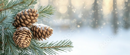 DIY tree toppers embellished with natural elements like pine cones, earthy hues, serene ambiance, and a wintry outdoor setting.