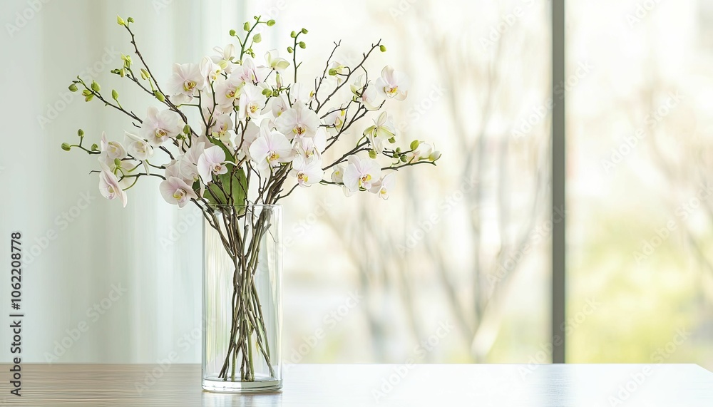 Elegant centerpiece ideas feature a tall arrangement of orchids and branches in a sleek glass container, modern, serene, softly illuminated. Elegant centerpiece ideas feature a tall arrangement of orchids and branches in a sleek glass container, modern, serene, softly illuminated.