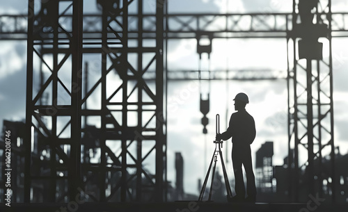 Silhouette of a worker surveying a construction site against a cloudy sky. AI Image