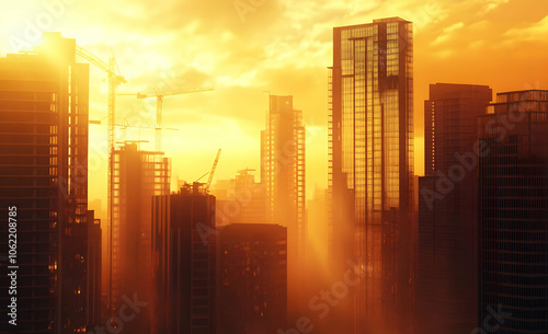 A city skyline at sunset, highlighting skyscrapers and construction cranes in a warm glow. AI Image