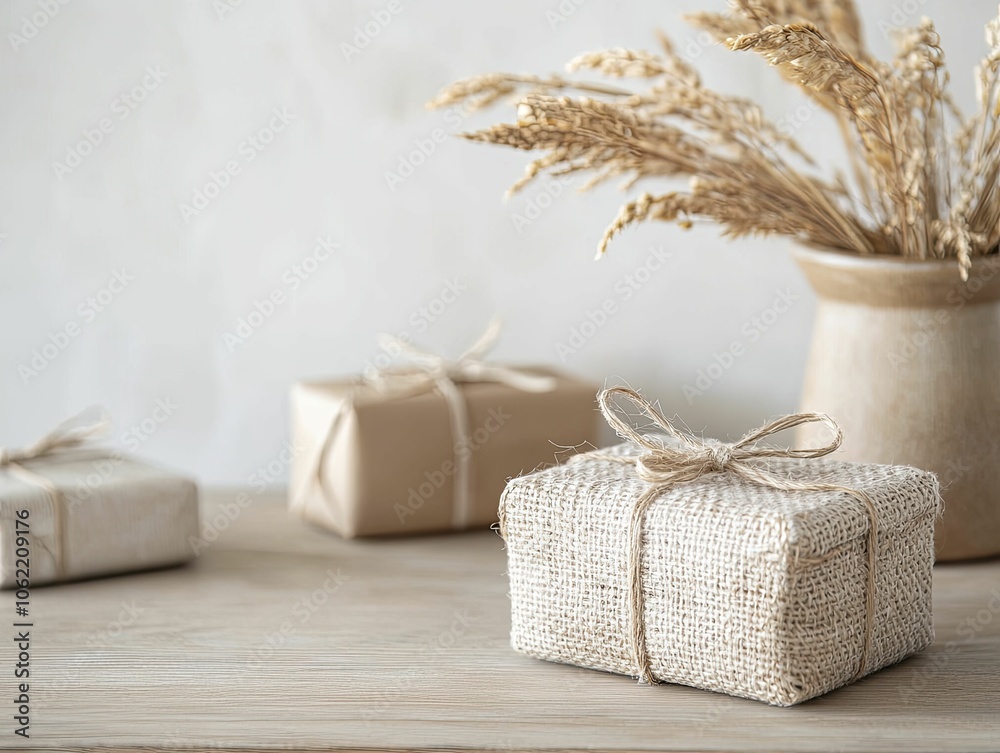 Gift table arrangement showcasing customized gifts and distinctive wrapping, rustic style, warm hues, cozy atmosphere.