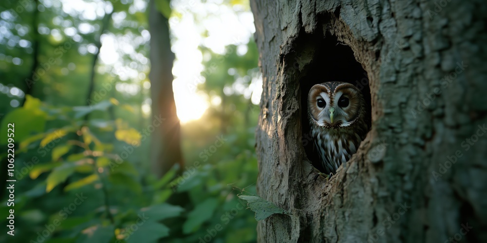 Obraz premium A tawny owl emerging from its hollow in an oak tree at dusk, with a dense UK forest behind