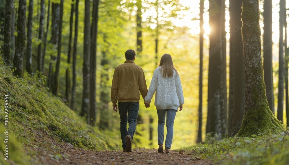 Mindful appreciation revealed in a couple walking hand-in-hand through a forest, romantic atmosphere, dappled sunlight, earthy tones Mindful appreciation revealed in a couple walking hand-in-hand through a forest, romantic atmosphere, dappled sunlight, earthy tones