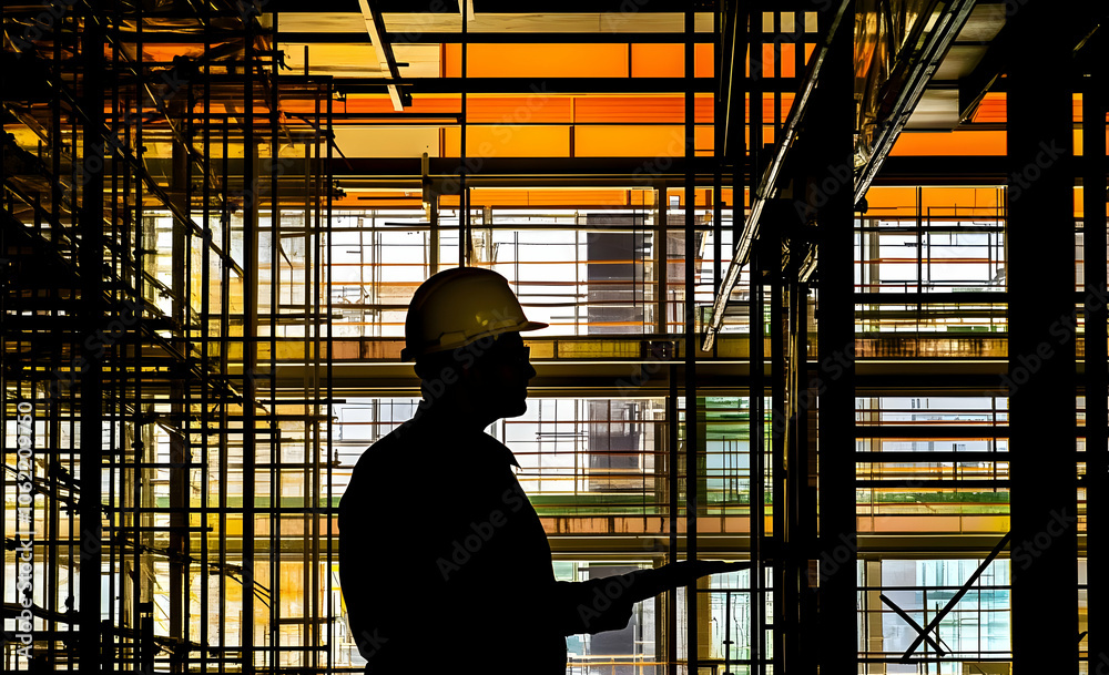 A silhouetted construction worker observes a building site, highlighting industry activity. AI Image