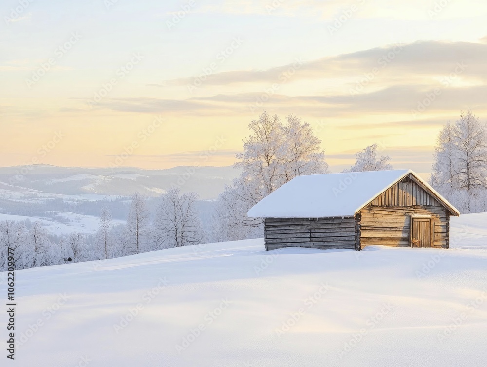 Reindeer stables nestled in snowy landscape with rustic wooden structures, warm golden lighting, serene winter atmosphere Reindeer stables nestled in snowy landscape with rustic wooden structures, warm golden lighting, serene winter atmosphere
