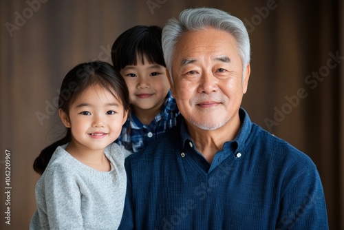 Asian Grandpa Enjoys Time with Grandchildren; Use a Warm, Cozy Palette 