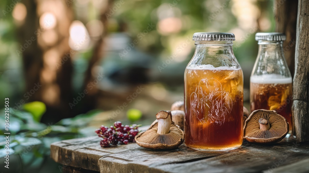 A refreshing mushroom-based kombucha featuring reishi and schizandra berries, offering a gut-friendly, probiotic-rich beverage with adaptogenic benefits, perfect for daily wellness