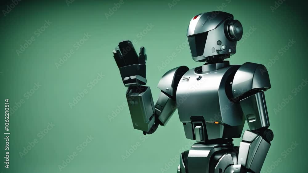 A robot is waving to the camera. The robot is silver and has a black face. The robot is standing on a green background