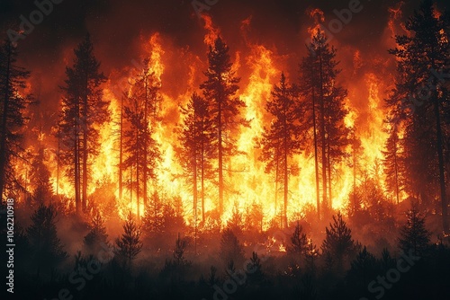 Tall Silhouetted Trees in a Fiery Forest at Night photo