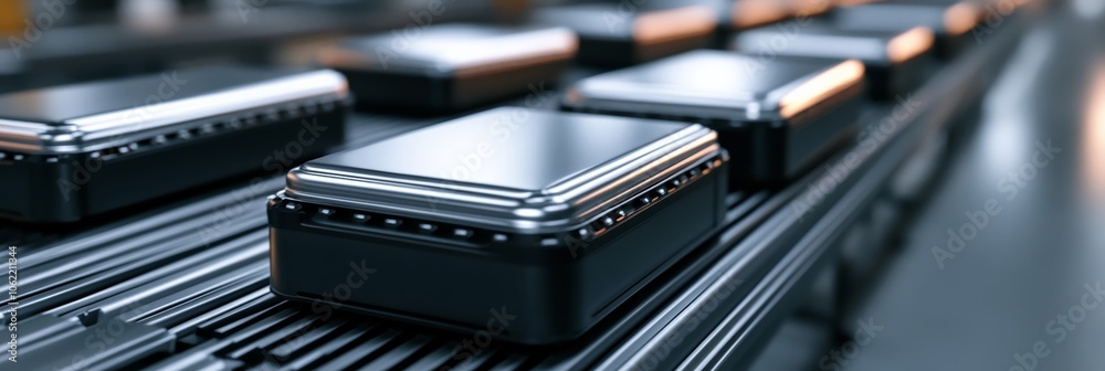 Close-up view of electric vehicle battery assembly line, neutral palette Close-up view of electric vehicle battery assembly line, neutral palette