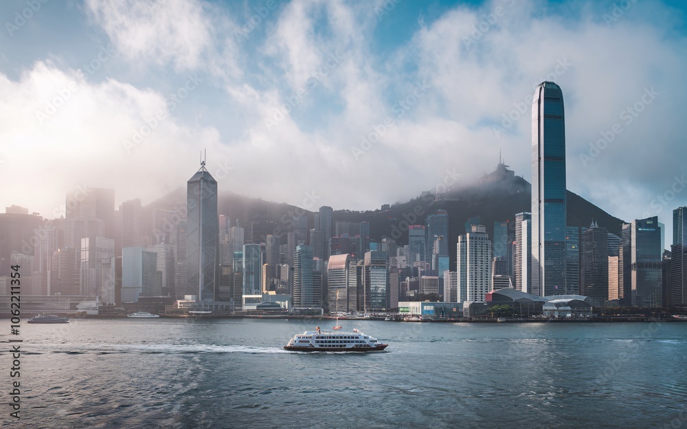 Fototapeta premium A ferry traverses Victoria Harbour in Hong Kong with the city skyline and a mountain in the background.