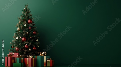 Christmas tree with festive gifts using red, green, gold palette 