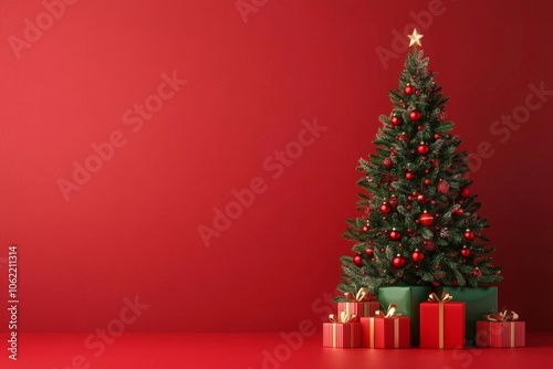 Christmas tree with festive gifts using red, green, gold palette 