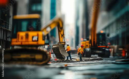 Construction workers operating machinery on a city street, focused on urban infrastructure work. AI Image