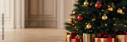 Christmas tree with festive gifts using red, green, gold palette 