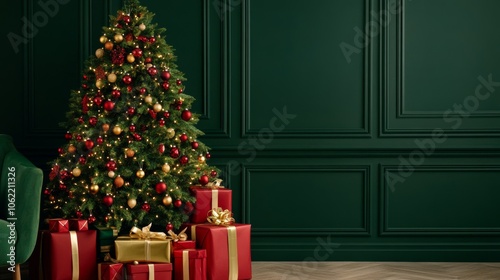 Christmas tree with festive gifts using red, green, gold palette 