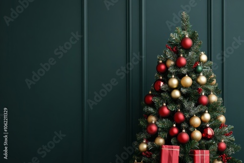 Christmas tree with festive gifts using red, green, gold palette 