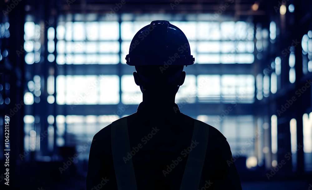 A silhouette of a worker in a hard hat, standing in an industrial setting. AI Image A silhouette of a worker in a hard hat, standing in an industrial setting. AI Image