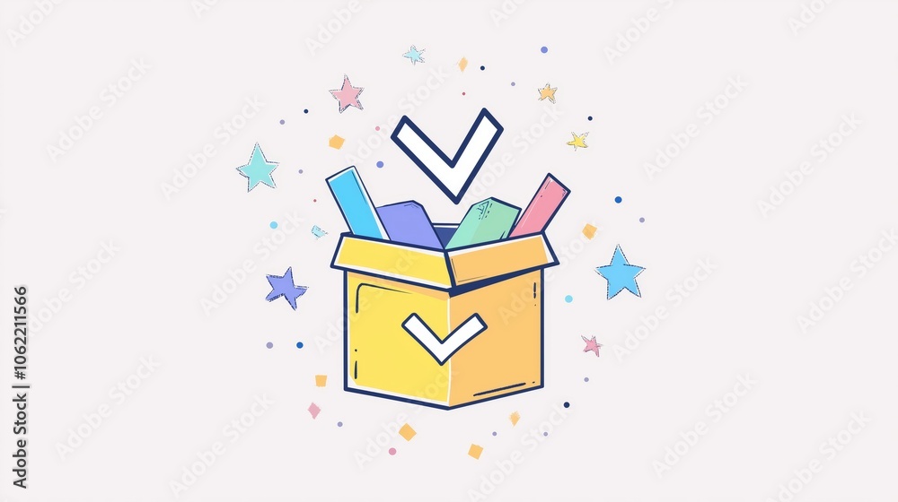 A colorful illustration of a ballot box with a checkmark and various shapes surrounding it, symbolizing voting and selection A colorful illustration of a ballot box with a checkmark and various shapes surrounding it, symbolizing voting and selection