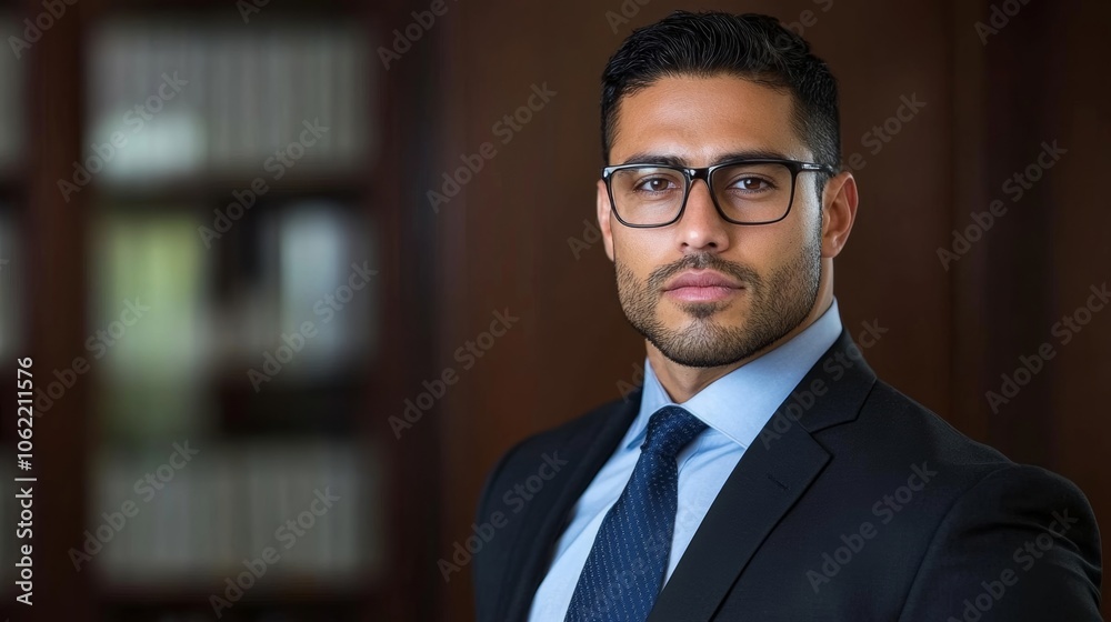 Confident Latino businessman in office; use warm, neutral palette Confident Latino businessman in office; use warm, neutral palette