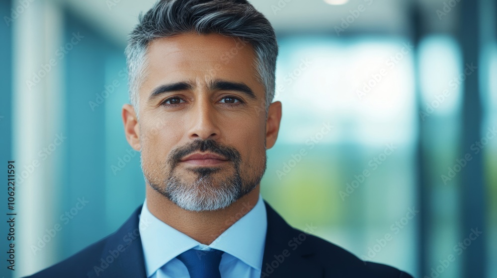 Confident Latino businessman in office; use warm, neutral palette Confident Latino businessman in office; use warm, neutral palette