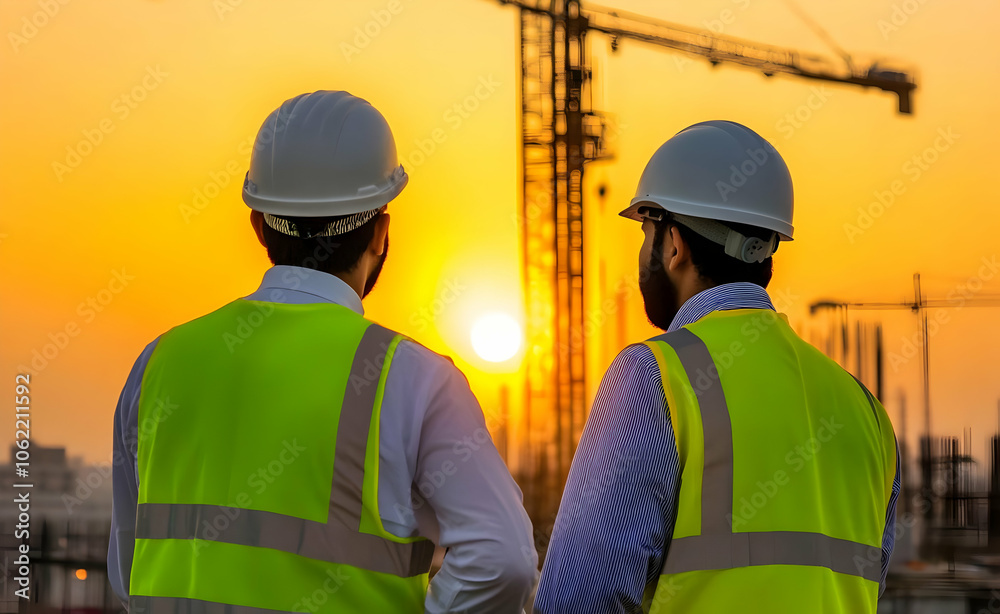 Two construction workers observing a sunset at a building site. AI Image Two construction workers observing a sunset at a building site. AI Image