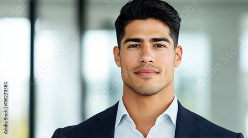 Confident Latino businessman in office; use warm, neutral palette 