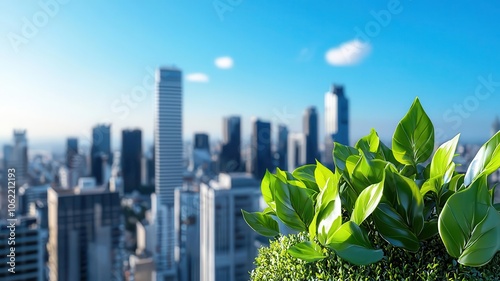 Carbon-neutral office building, rooftop greenery, CO2, 3D illustration photo