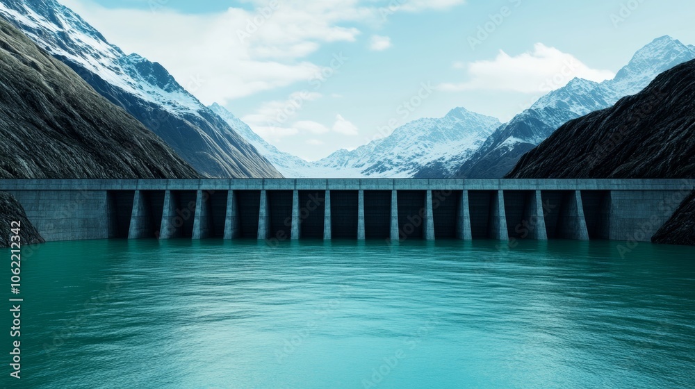 Obraz premium Hydroelectric dam generating clean energy; use blues and greens palette 