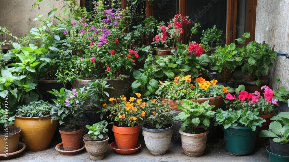 Potted Plants and Flowers in a Garden Potted Plants and Flowers in a Garden