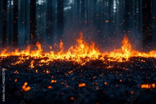 Fiery Forest Floor with Embers and Smoke