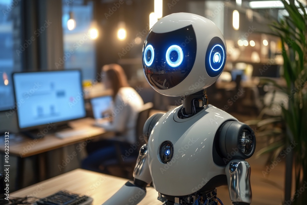 Close-up of futuristic robot in modern office, focus on artificial intelligence, innovation, and technology, bright lighting Close-up of futuristic robot in modern office, focus on artificial intelligence, innovation, and technology, bright lighting
